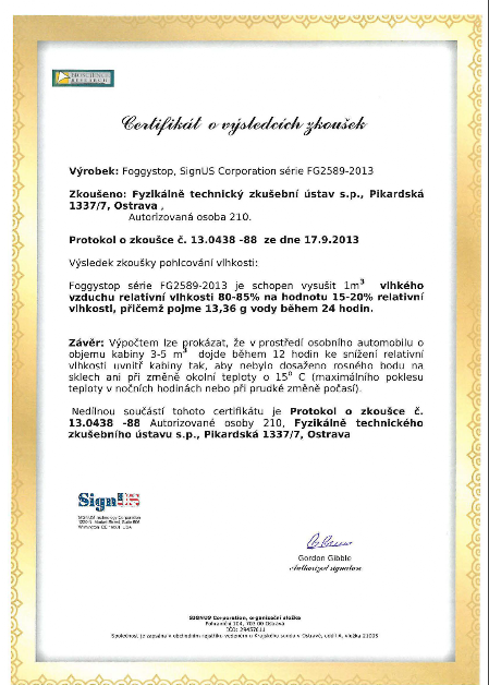 Certifíkát účinnosti Foggystop